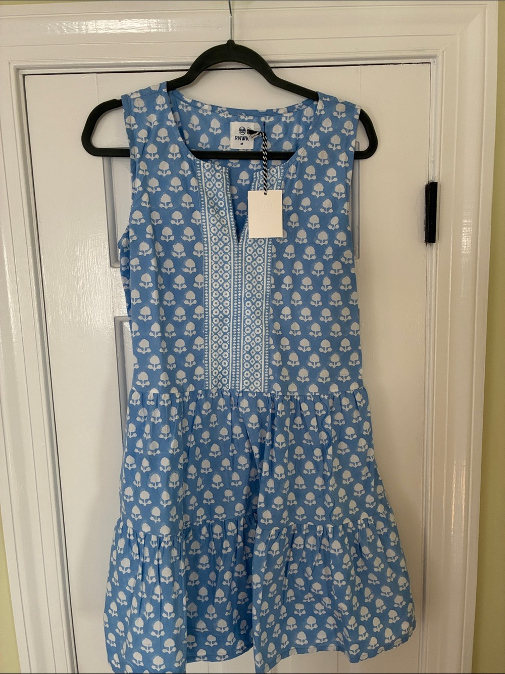 Women’s Light Blue Printed Sleeveless Tiered Dress by renwick
